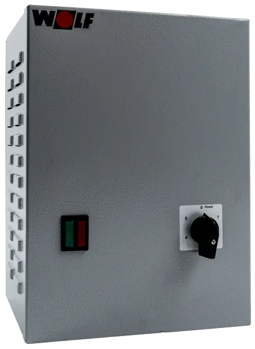 Wolf Steuerungseinheit mit einem Wahlschalter und zwei LED-Anzeigen in einem grauen Gehäuse für elektronische Anwendungen.